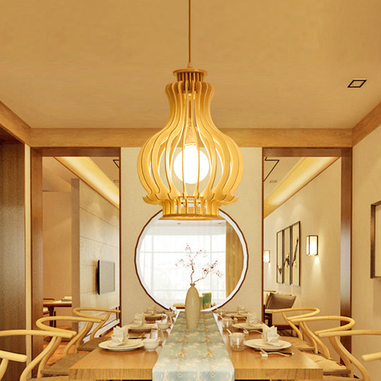 Asian Inspired Beige Hanging Gourd Lamp For Dining Table - Single Pendant With Basswood Cage