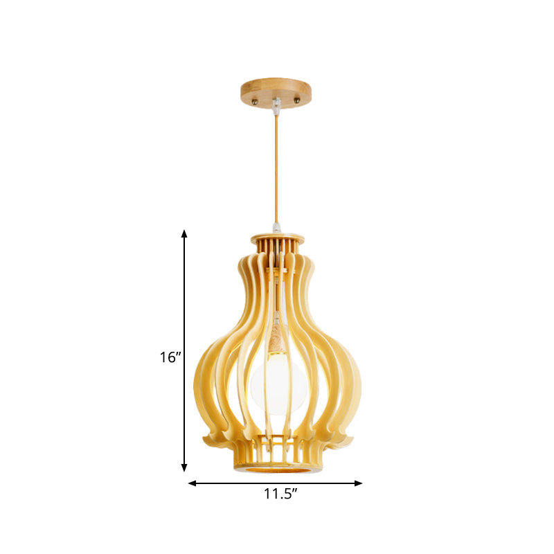 Asian Inspired Beige Hanging Gourd Lamp For Dining Table - Single Pendant With Basswood Cage