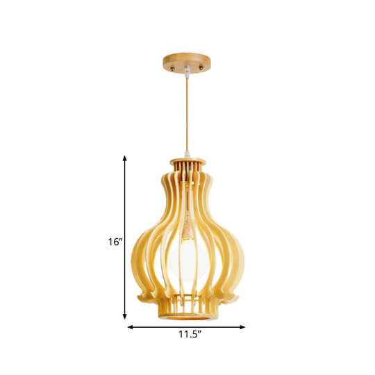 Asian Inspired Beige Hanging Gourd Lamp For Dining Table - Single Pendant With Basswood Cage