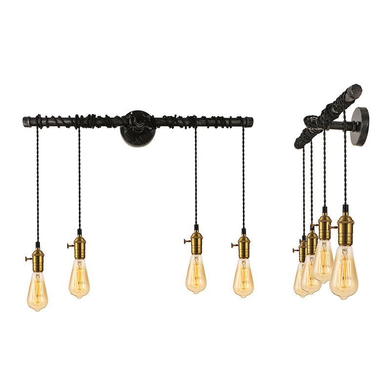 Industrial Brass Metal Wall Mount Lamp - 4-Light Linear Piped Sconce With Open Bulb