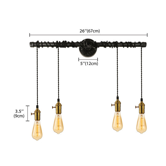 Industrial Brass Metal Wall Mount Lamp - 4-Light Linear Piped Sconce With Open Bulb