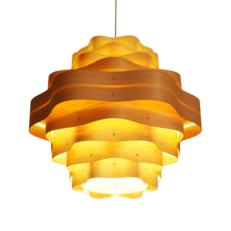 Wood Pendant Lighting - Wavy Layered Design Asian Inspired Beige 1 Bulb Suspended Fixture