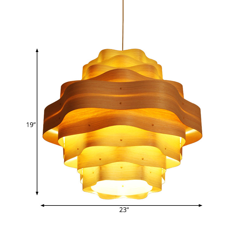 Wood Pendant Lighting - Wavy Layered Design Asian Inspired Beige 1 Bulb Suspended Fixture