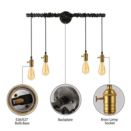 Industrial Brass Metal Wall Mount Lamp - 4-Light Linear Piped Sconce With Open Bulb