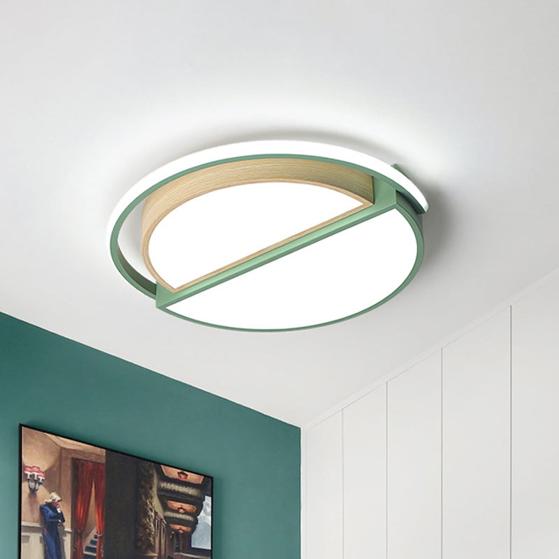 Modern Macaron Iron Ceiling Fixture 16.5"/20.5" Wide LED Flush Mount Lighting in Green/Grey-Wood with Warm/White Light