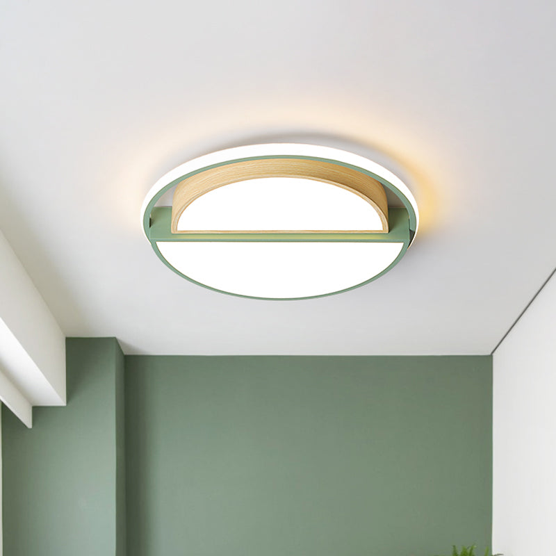 Modern Macaron Iron Ceiling Fixture 16.5"/20.5" Wide LED Flush Mount Lighting in Green/Grey-Wood with Warm/White Light