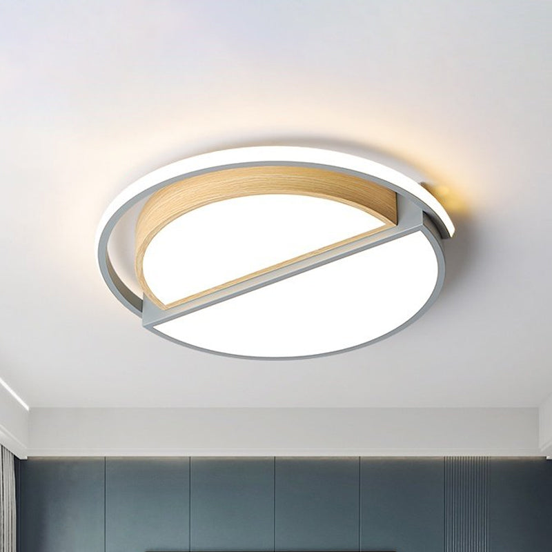 Modern Macaron Iron Ceiling Fixture 16.5"/20.5" Wide LED Flush Mount Lighting in Green/Grey-Wood with Warm/White Light