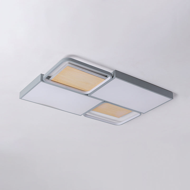 Rectangular Flush Mount Light - Nordic Acrylic Grey and Wood LED Ceiling Lamp with Adjustable Warm/White Lighting