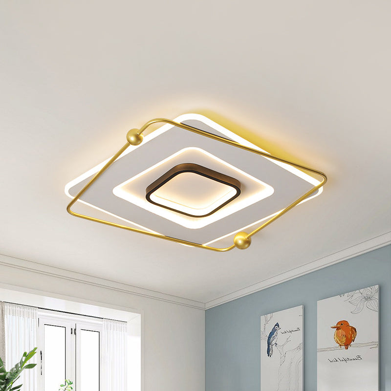 Modern White-Gold Tiered LED Flush Mount Ceiling Light, Thin Square Aluminum Fixture (18"/22" Width) - Warm/White Light