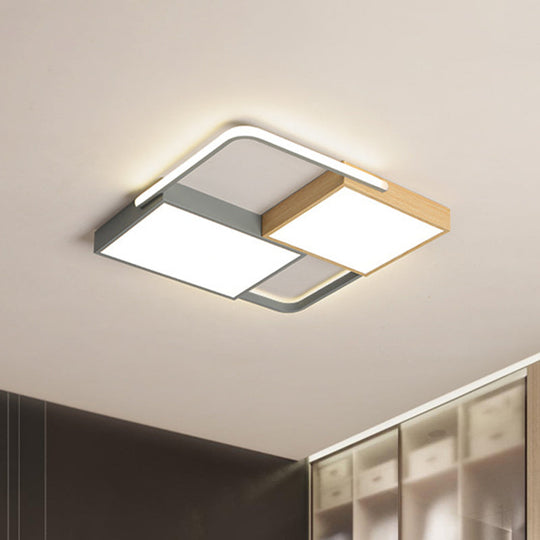 Nordic LED Ceiling Light - 20.5" x 34", Acrylic Grey & Wood, Flush Mount with Grid Design, Warm/White Light