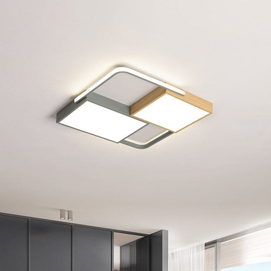 Nordic LED Ceiling Light - 20.5" x 34", Acrylic Grey & Wood, Flush Mount with Grid Design, Warm/White Light