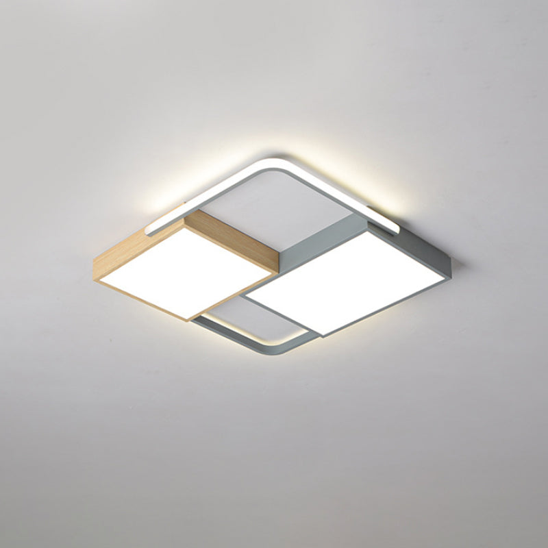 Nordic LED Ceiling Light - 20.5" x 34", Acrylic Grey & Wood, Flush Mount with Grid Design, Warm/White Light