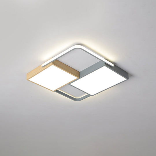 Nordic LED Ceiling Light - 20.5" x 34", Acrylic Grey & Wood, Flush Mount with Grid Design, Warm/White Light