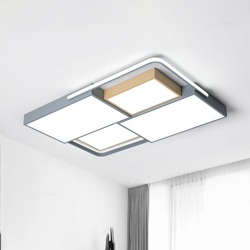 Nordic LED Ceiling Light - 20.5" x 34", Acrylic Grey & Wood, Flush Mount with Grid Design, Warm/White Light