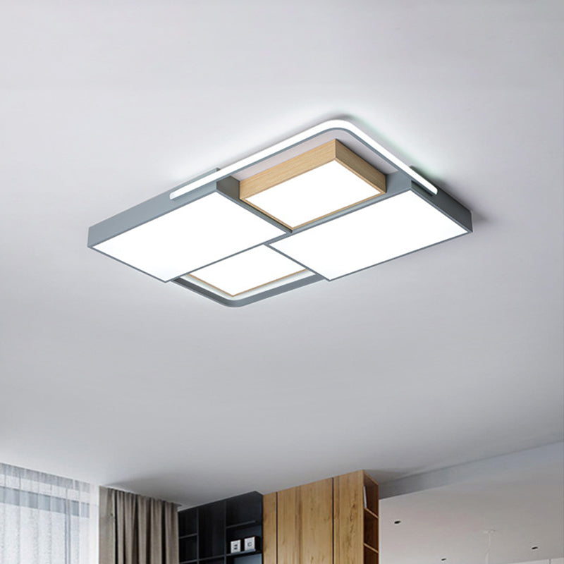 Nordic LED Ceiling Light - 20.5" x 34", Acrylic Grey & Wood, Flush Mount with Grid Design, Warm/White Light