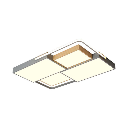 Nordic LED Ceiling Light - 20.5" x 34", Acrylic Grey & Wood, Flush Mount with Grid Design, Warm/White Light