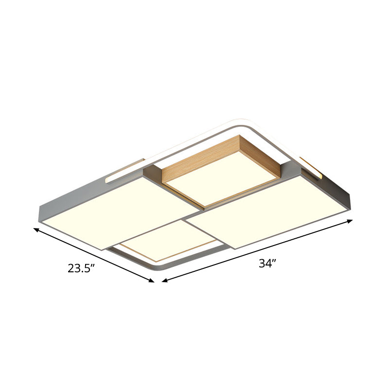 Nordic LED Ceiling Light - 20.5" x 34", Acrylic Grey & Wood, Flush Mount with Grid Design, Warm/White Light