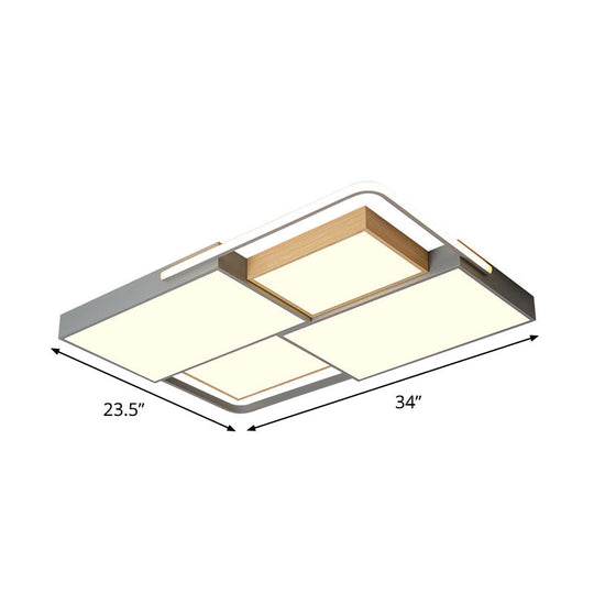 Nordic LED Ceiling Light - 20.5" x 34", Acrylic Grey & Wood, Flush Mount with Grid Design, Warm/White Light