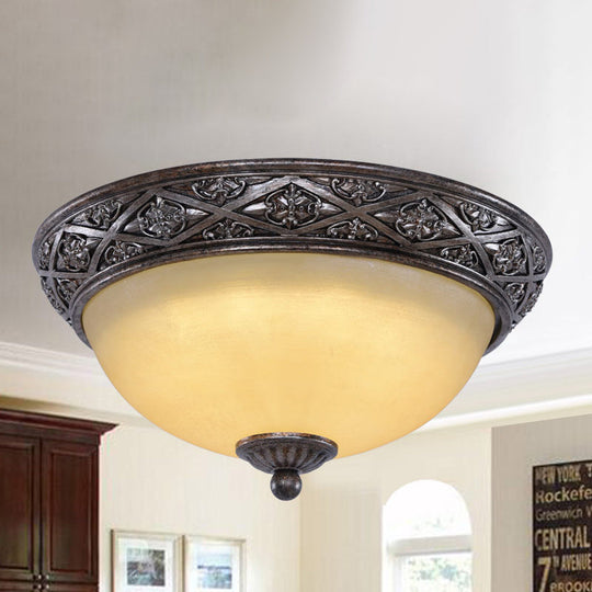 Traditional Floral Close-to-Ceiling Light with Carved Dome and Frosted Glass Bulbs - Black Flush Mount