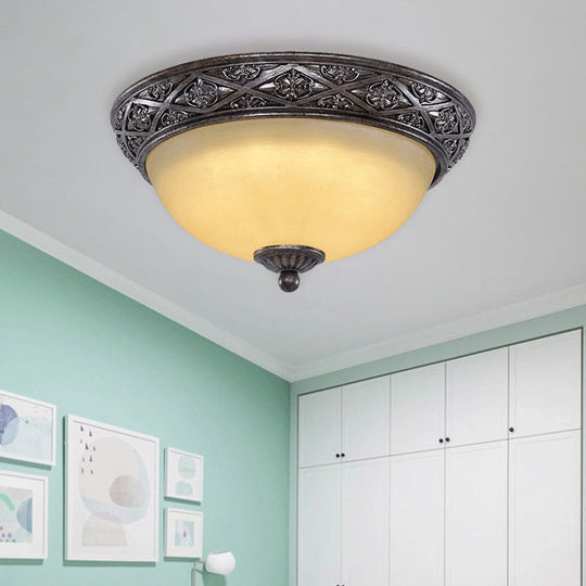 Traditional Floral Close-to-Ceiling Light with Carved Dome and Frosted Glass Bulbs - Black Flush Mount