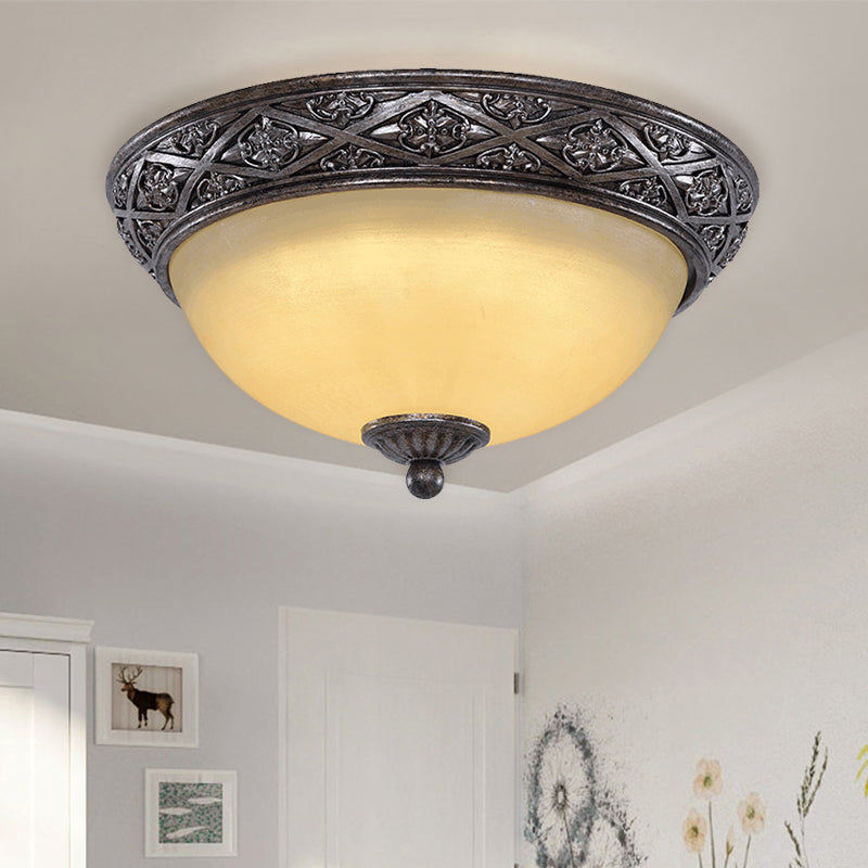 Traditional Floral Close-to-Ceiling Light with Carved Dome and Frosted Glass Bulbs - Black Flush Mount