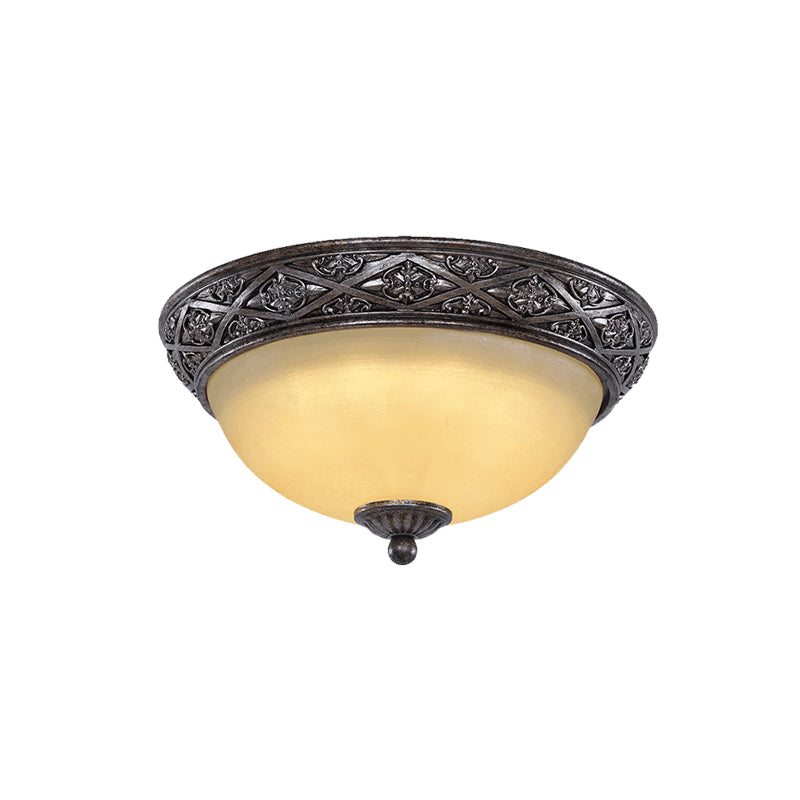 Traditional Floral Close-to-Ceiling Light with Carved Dome and Frosted Glass Bulbs - Black Flush Mount