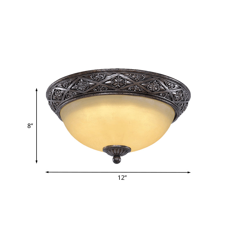 Traditional Floral Close-to-Ceiling Light with Carved Dome and Frosted Glass Bulbs - Black Flush Mount