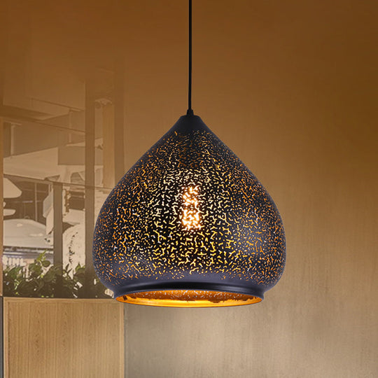 Retro Teardrop Iron Hanging Lamp: Hollowed-Out Design Black 8/12 Width