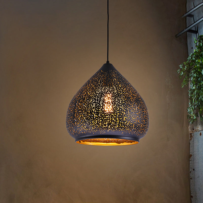 Retro Teardrop Iron Hanging Lamp: Hollowed-Out Design Black 8/12 Width