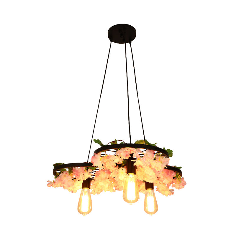 Lustre vintage en fer avec détails floraux - Lampe suspendue à 3/6 têtes en noir