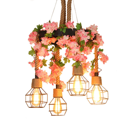 Retro Black Hemp Rope Chandelier With Flower Decoration - 4/8 Lights Orb Cage Pendant Ceiling