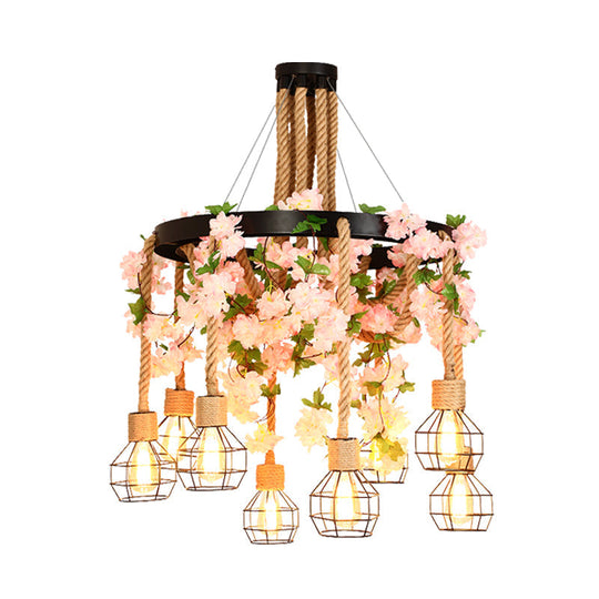 Retro Black Hemp Rope Chandelier With Flower Decoration - 4/8 Lights Orb Cage Pendant Ceiling