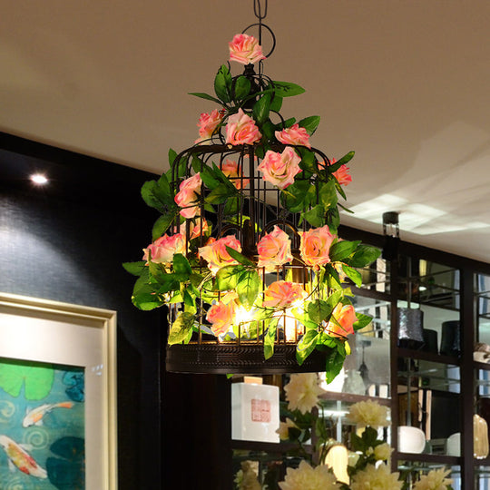 Lustre à 3 têtes en forme de cage à oiseaux - Suspension en fer noir avec accents de roses et de feuilles