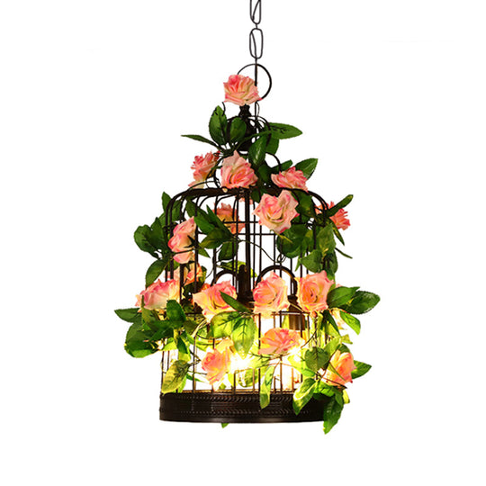 Lustre à 3 têtes en forme de cage à oiseaux - Suspension en fer noir avec accents de roses et de feuilles