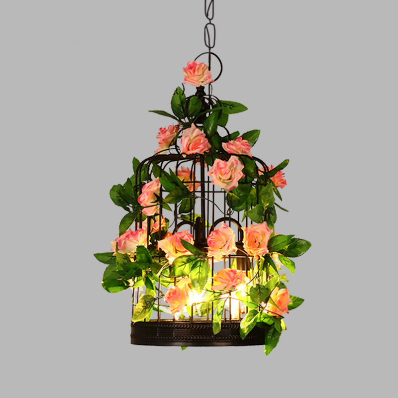 Lustre à 3 têtes en forme de cage à oiseaux - Suspension en fer noir avec accents de roses et de feuilles