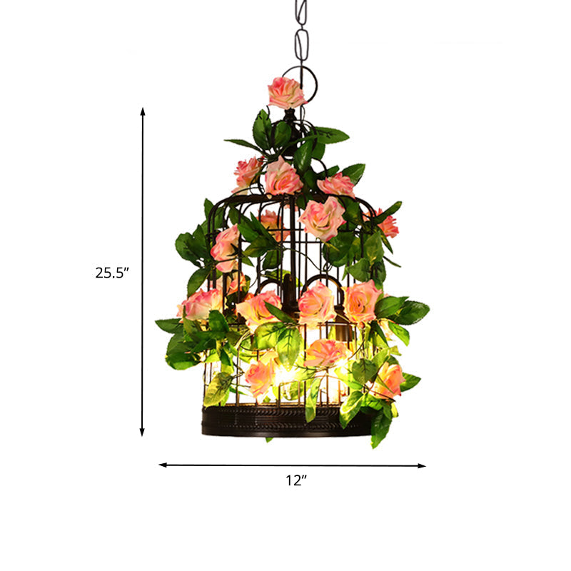 Lustre à 3 têtes en forme de cage à oiseaux - Suspension en fer noir avec accents de roses et de feuilles