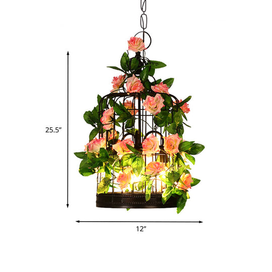 Lustre à 3 têtes en forme de cage à oiseaux - Suspension en fer noir avec accents de roses et de feuilles