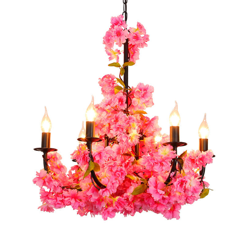 Lustre de ferme en fer noir avec détails floraux - 6 têtes de suspension