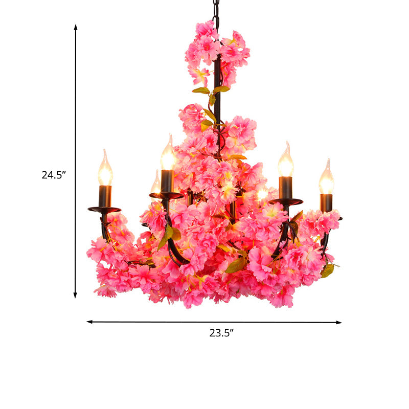 Lustre de ferme en fer noir avec détails floraux - 6 têtes de suspension