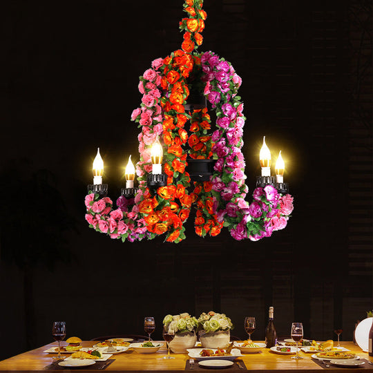 Black Iron Floral Warehouse Candle Chandelier - 6-Head Suspended Lighting Fixture