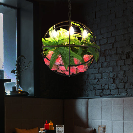 Modern Orb Cage Iron Chandelier with 4 Lights - Elegant Ceiling Hang Fixture in Black, Rose, and Leaf