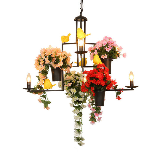 Iron Candle Chandelier: Industrial 7-Bulb Pendant Lighting In Black With Potted Plant And Bird