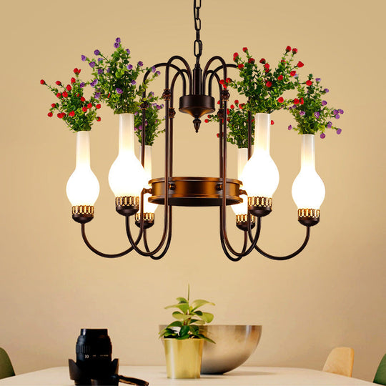 Black Loft Vase Chandelier with Opal Glass Pendants, 6-Light Fixture, and Artificial Plant