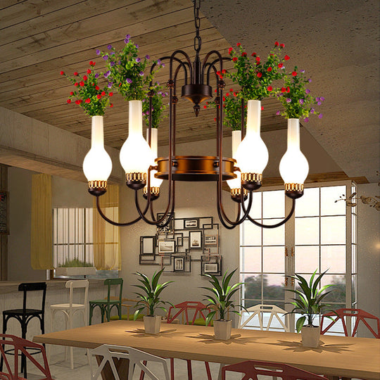 Black Loft Vase Chandelier with Opal Glass Pendants, 6-Light Fixture, and Artificial Plant