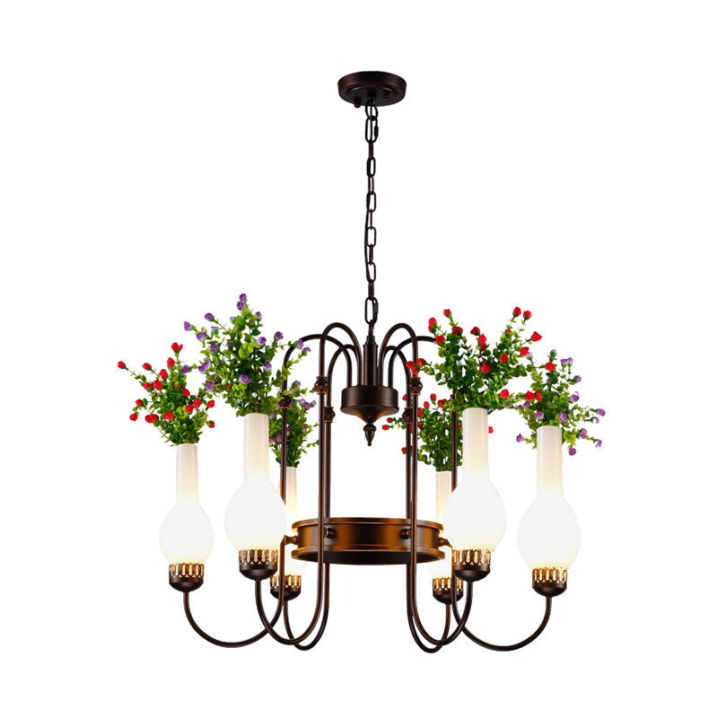 Black Loft Vase Chandelier with Opal Glass Pendants, 6-Light Fixture, and Artificial Plant