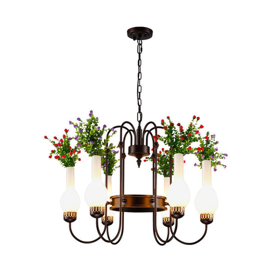 Opal Glass Pendant Lamp With Artificial Plant - Loft Vase Chandelier Light Fixture (6 Heads) In