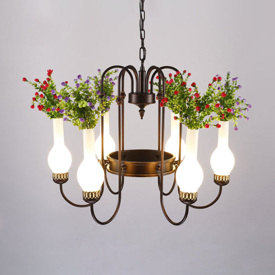 Black Loft Vase Chandelier with Opal Glass Pendants, 6-Light Fixture, and Artificial Plant