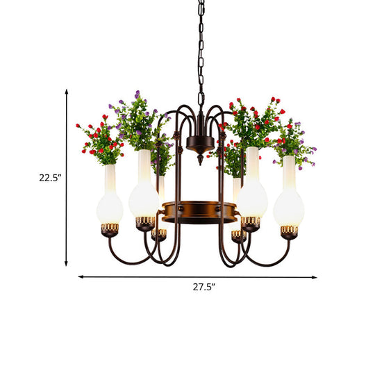 Black Loft Vase Chandelier with Opal Glass Pendants, 6-Light Fixture, and Artificial Plant