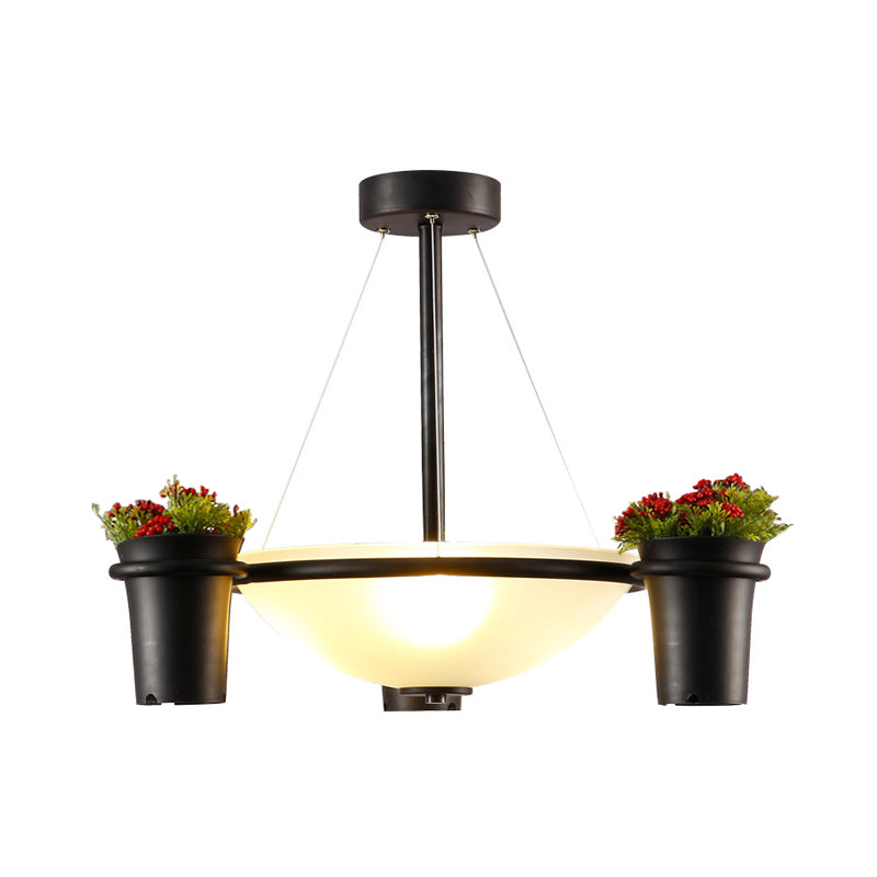 Industrial Dome Glass Pendant Chandelier with 3 Lights - White, Black, and Potted Plant Accent for Living Room Ceiling