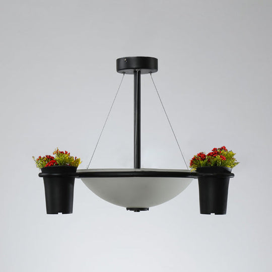 Industrial Dome Glass Pendant Chandelier with 3 Lights - White, Black, and Potted Plant Accent for Living Room Ceiling